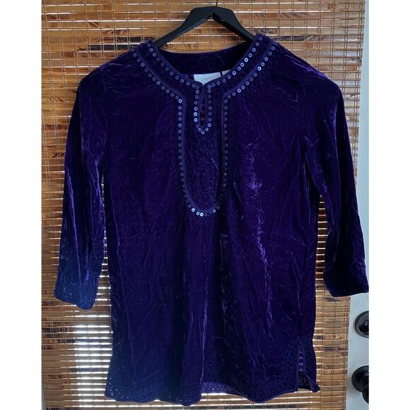 Chico’s 0 Purple Velvet Tunic Top Sequin Embellished 3/4 Sleeve Holiday Party - Picture 2 of 9
